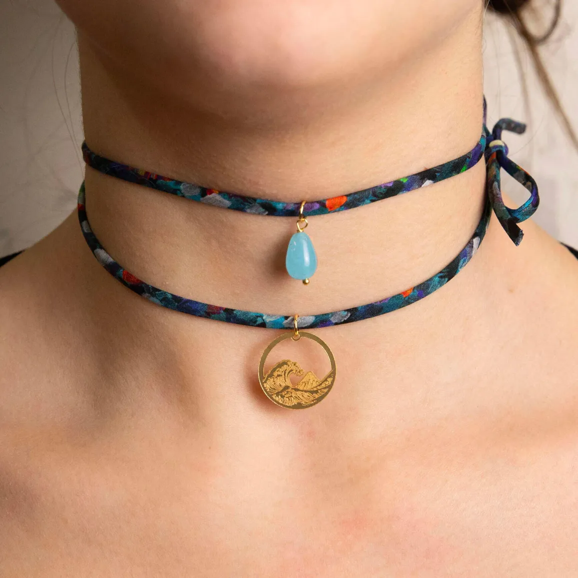 Lebole Maison Bracciale/collana Tessuto Fiori Onda Celeste
