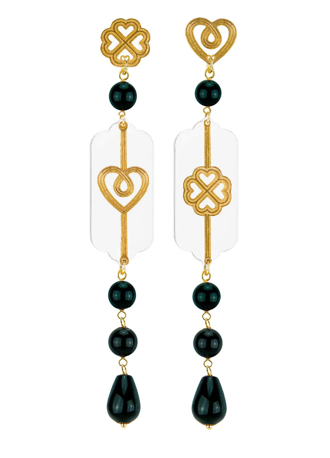 Lebole Maison Orecchini Cuore E Quadrifoglio Plexi Traspa Mini Lungo Nero