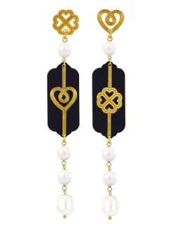 Lebole Maison Orecchini Cuore E Quadrifoglio Plexi Nero Mini Lungo Perla