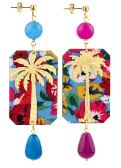 Lebole Maison Orecchini Palma Fiori Azzurro E Fucsia