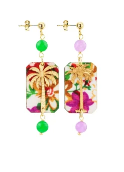 Lebole Maison Orecchini Palma Fiori Mini Verde E Viola Chiaro