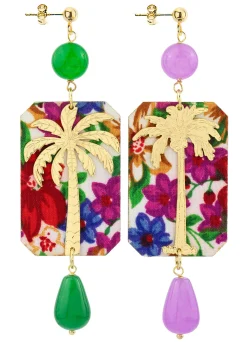 Lebole Maison Orecchini Palma Fiori Verde E Viola Chiaro