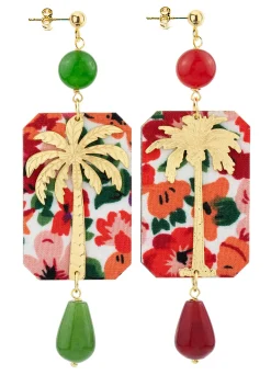 Lebole Maison Orecchini Palma Fiori Verde Oliva E Rubino