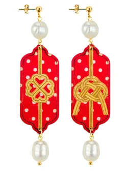 Lebole Maison Orecchini Pois Rosso Quadrifoglio E Nodo Perla