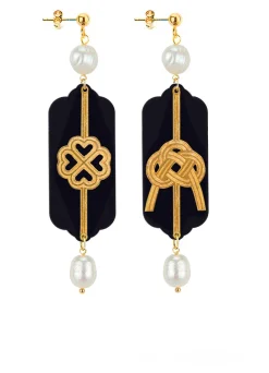 Lebole Maison Orecchini Quadrifoglio E Nodo Plexi Nero Mini Perla