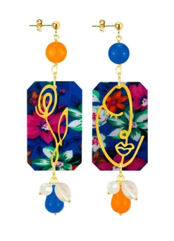 Lebole Maison Orecchini Viso E Fiore Fiori Blu E Arancione