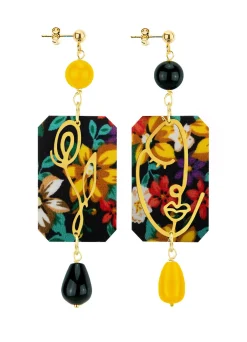 Lebole Maison Orecchini Viso E Fiore Fiori Nero E Giallo