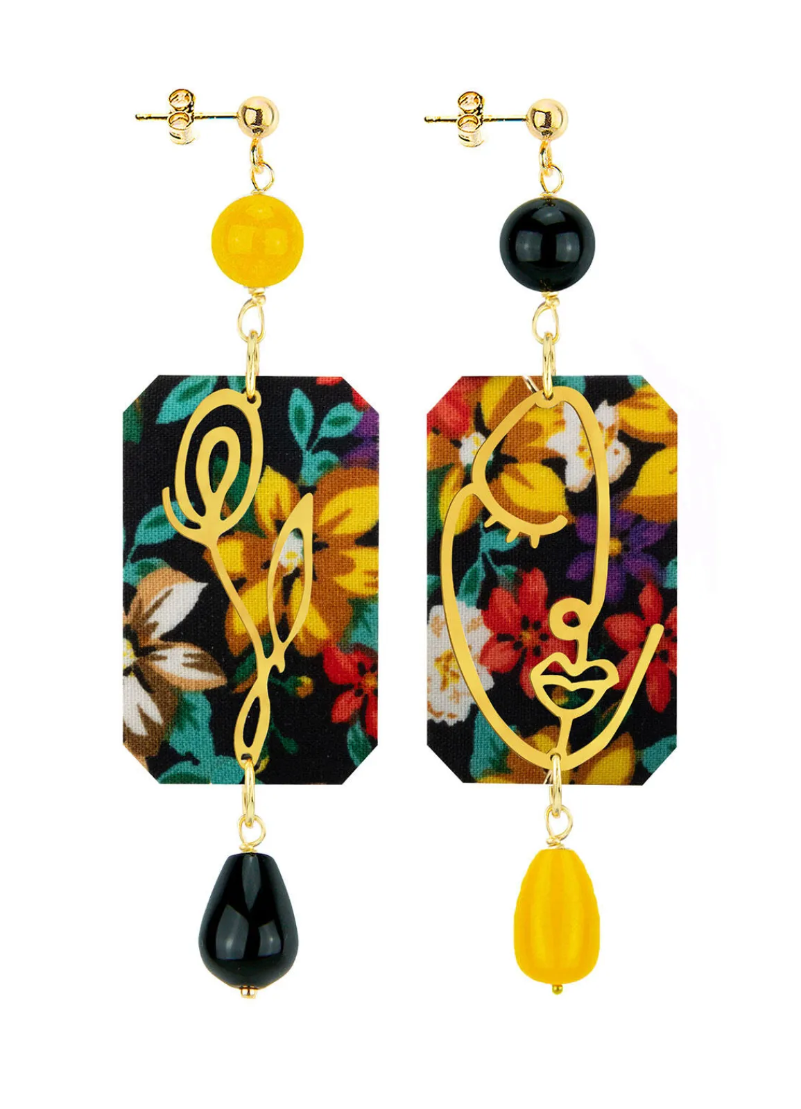 Lebole Maison Orecchini Viso E Fiore Fiori Nero E Giallo
