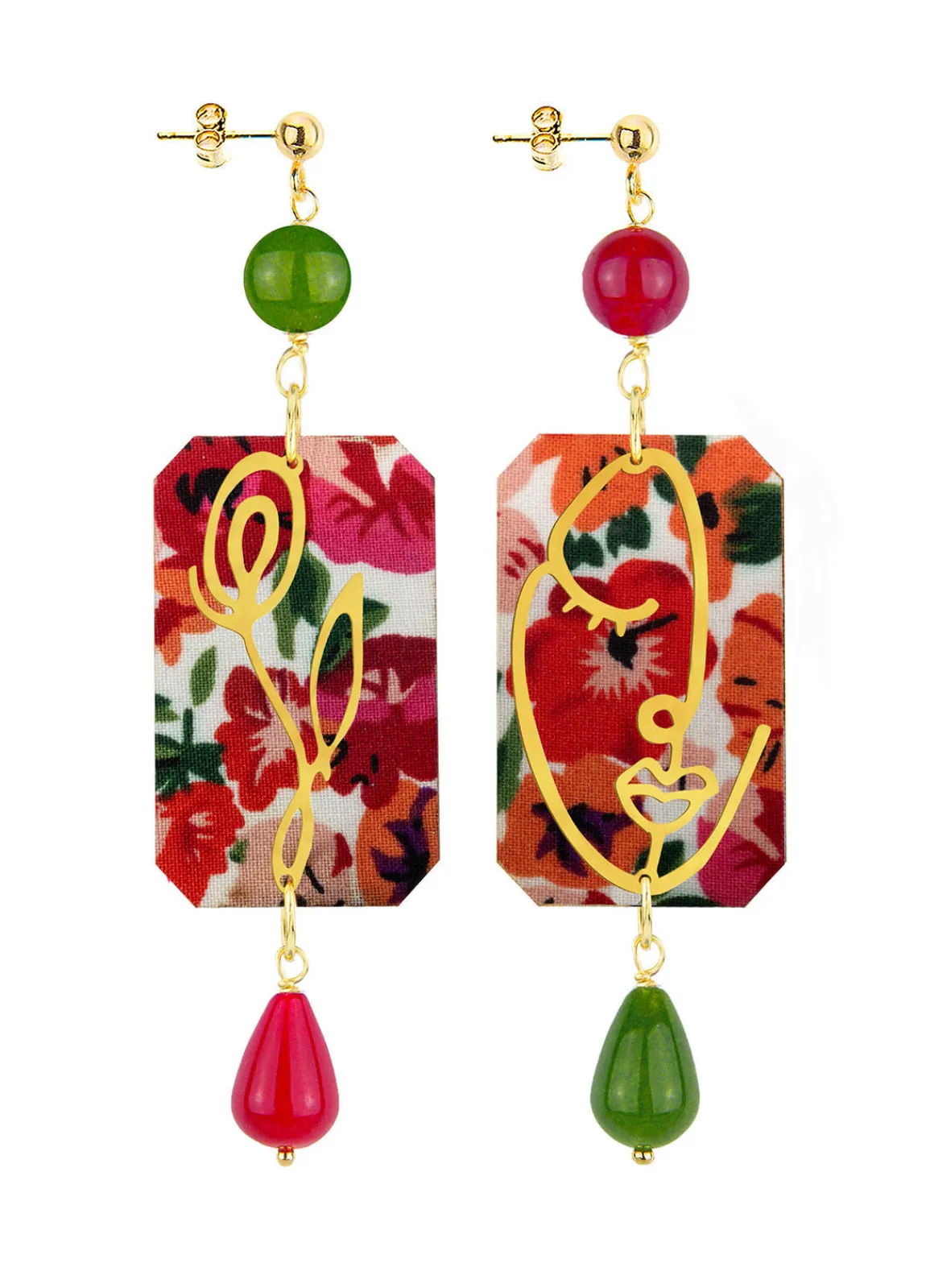 Lebole Maison Orecchini Viso E Fiore Fiori Rubino E Verde Oliva