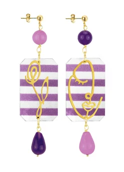 Lebole Maison Orecchini Viso E Fiore Righe Viola E Viola Chiaro
