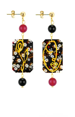 Lebole Maison Orecchini Viso E Quadrifoglio Fiori Mini Rubino E Nero