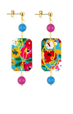 Lebole Maison Orecchini Viso E Quadrifoglio Fiori Mini Azzurro E Fucsia