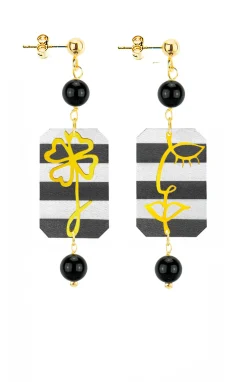 Lebole Maison Orecchini Viso E Quadrifoglio Mini Righe Nero