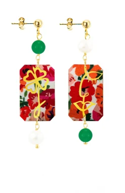 Lebole Maison Orecchini Viso E Quadrifoglio Fiori Mini Perla E Verde Oliva