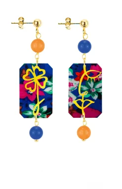 Lebole Maison Orecchini Viso E Quadrifoglio Fiori Mini Blu E Arancione