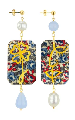 Lebole Maison Orecchini Viso E Quadrifoglio Fiori Perla E Celeste