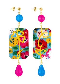 Lebole Maison Orecchini Viso E Quadrifoglio Fiori Azzurro E Fucsia